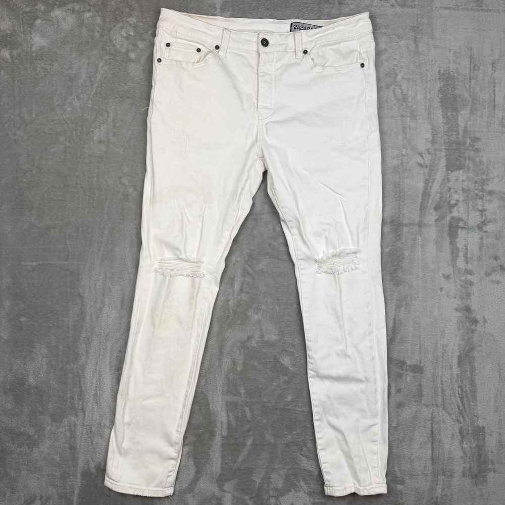 Valabasas Mens White Distressed Stacked Skinny Jeans Size 36 Button Fly RN137931